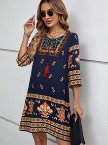 EMERY ROSE Vestido De Verano Con Cuello De Cordón Floral Y Borlas En Azul