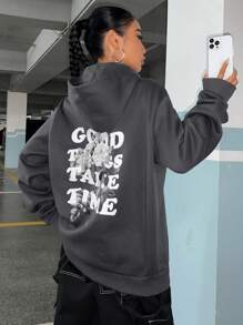 SHEIN EZwear Letter & Floral Graphic Kangaroo Pocket Drawstring Hoodie - Grey - View 1