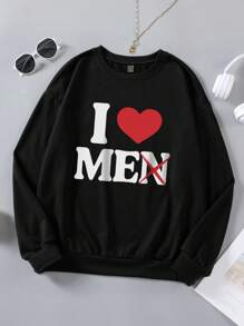 Slaydiva Women's Casual Heart Slogan Printed Round Neck Casual Pullover Sweatshirt - Black - View 7