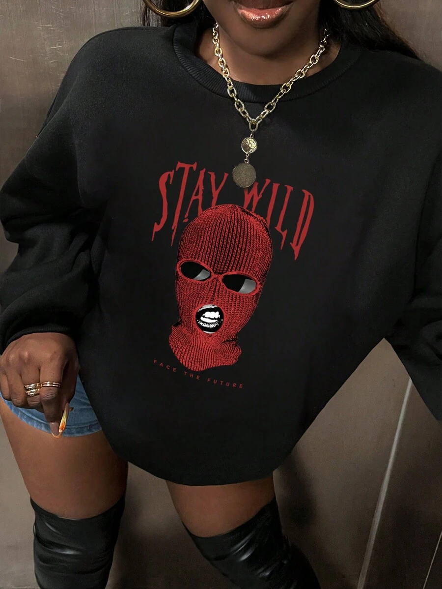 Slaydiva Áo nỉ dài tay rộng cổ tròn in họa tiết thường ngày dành cho nữ - màu đen - Xem 1