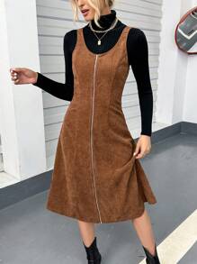 SHEIN Essnce Dây kéo Vải to sợi Đầm Tổng thể Không có áo len - màu nâu - Xem 1