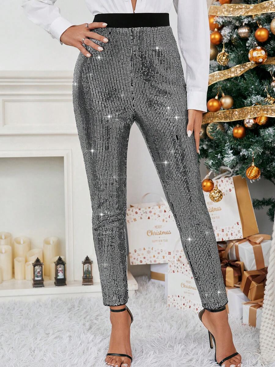 SHEIN Privé Cao eo Kim sa Quần bó sát - Bạc - Xem 1