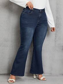 SHEIN Privé Talla grande Jeans de pierna amplia con cremallera - Azul lavado oscuro - Ver 6