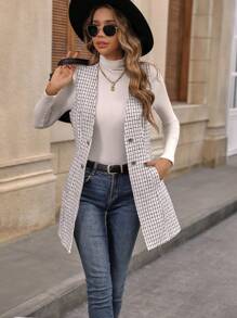 SHEIN Privé Plaid Double Breasted Vest Coat - White - View 3