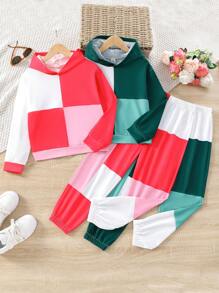 SHEIN Tween Girl 2pcs Colorblock Hooded Sweatshirt & 2pcs Sweatpants