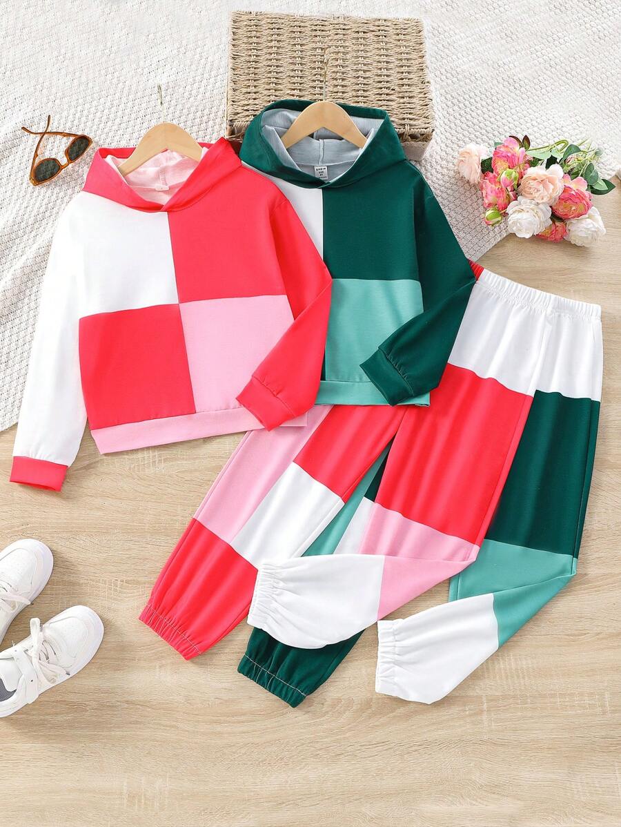SHEIN Tween Girl 2pcs Colorblock Hooded Sweatshirt & 2pcs Sweatpants