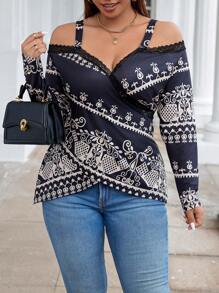 Calvaya 大码女式无袖露肩长袖印花蕾丝拼布裹身休闲 T 恤 - 彩色 - 查看 7