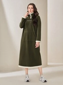 Mulvari Women's Drop Shoulder Letter Embroidery Dress - Army Green - View 1