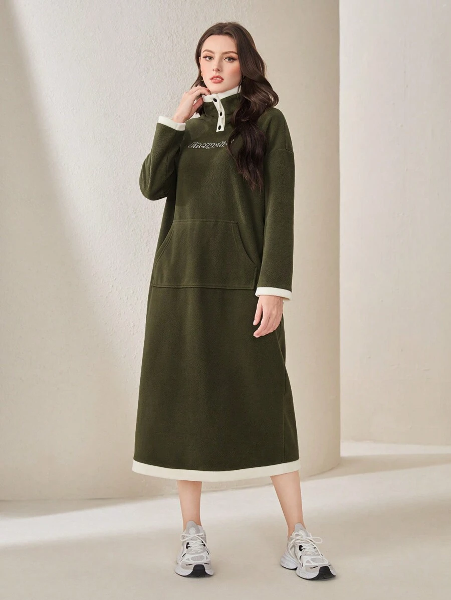 Mulvari Women's Drop Shoulder Letter Embroidery Dress - Army Green - View 1