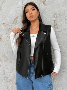 SHEIN EZwear Women's Plus Size Zip Up Sleeveless Jacket Vest - Black - View 3