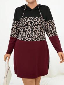 SHEIN LUNE 大碼豹紋印花抽繩連帽衛衣裙 - 彩色 - 查看 5