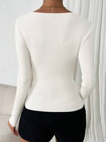 EMERY ROSE Sweetheart Neck Ribbed Knit Sweater,Long Sleeve Tops Knit Pullover Fall Winter Outfit - White - View 2