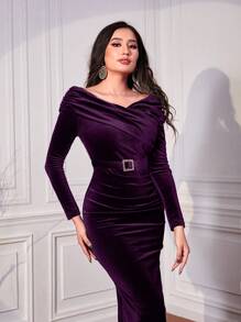 Modelyn Vestido de hombros descubiertos fruncido con cinturón de terciopelo - Morado - Ver 5