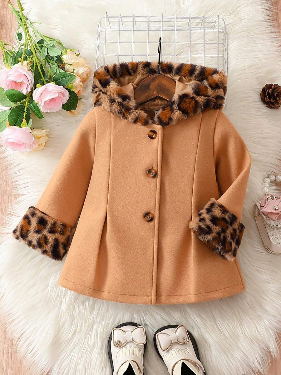 SHEIN Áo khoác bé gái Đắp vá Nút phía trước In hoa Báo - Màu Khaki - Xem 1