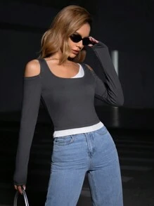 SHEIN Essnce Two Tone Cold Shoulder Tee - Grey - View 5