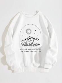 SHEIN EZwear 大碼山與標語圖案加絨內裏套頭衫 - 白色 - 查看 1