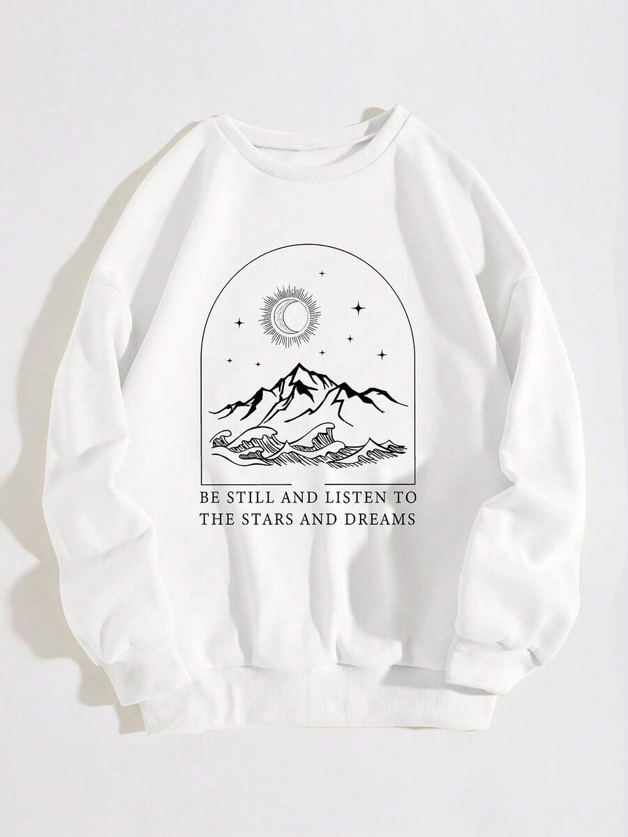 SHEIN EZwear 大碼山與標語圖案加絨內裏套頭衫 - 白色 - 查看 1