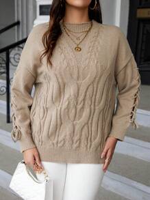 Calvaya Plus Lace Up Sleeve Cable Knit Sweater Knit Pullover Fall Winter Sweater - Grey - View 6