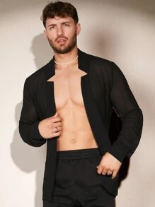 FeverCity 男士實心綁帶網衫修身透視性感襯衫，適合男友禮物 - 黑色 - 查看 3