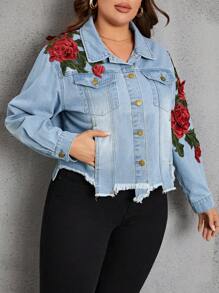 SHEIN LUNE Plus Floral Embroidery Flap Pocket Raw Hem Denim Jacket - Light Wash - View 6
