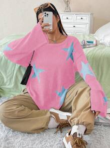 Flirla Plus Star Pattern Drop Shoulder Sweater Knit Pullover Fall Winter Outfit - Multicolor - View 4