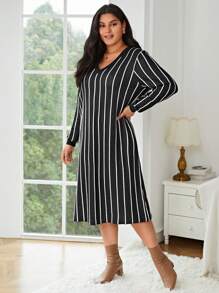 SHEIN Frenchy Plus Striped Pattern Lantern Sleeve Sweater Dress Fall/Winter - Black and White - View 6