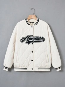 SHEIN EZwear Thư được vá Sọc trang trí Thả vai Chần Áo khoác - trắng - Xem 1