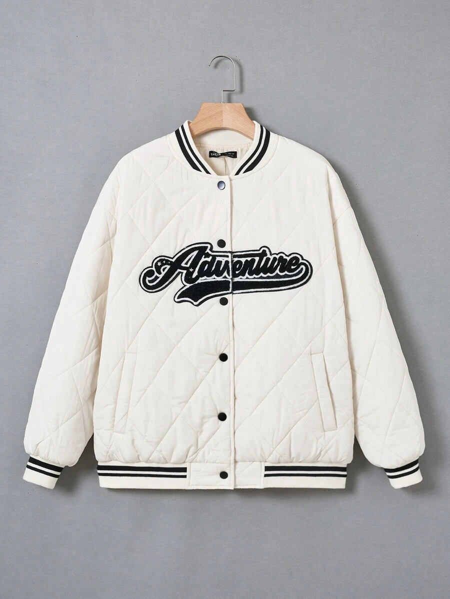 SHEIN EZwear Thư được vá Sọc trang trí Thả vai Chần Áo khoác - trắng - Xem 1