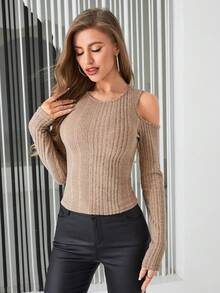 SHEIN Privé Camiseta de hombros descubiertos tejido de canalé - Rosa vieja - Ver 5