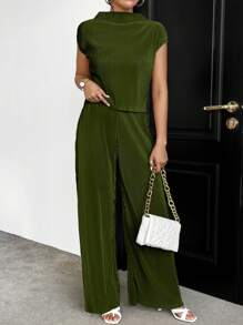 SHEIN Essnce Women's Batwing Sleeve Top And Wide Leg Pants Set - Army Green - View 4