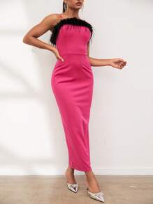 Zolique 毛茸邊吊帶洋裝 - 玫紅色 - 查看 4