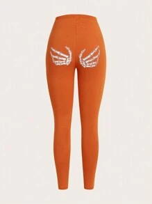 SHEIN EZwear Legging Squelette Imprimé Main Taille Haute - Camel - Voir 1