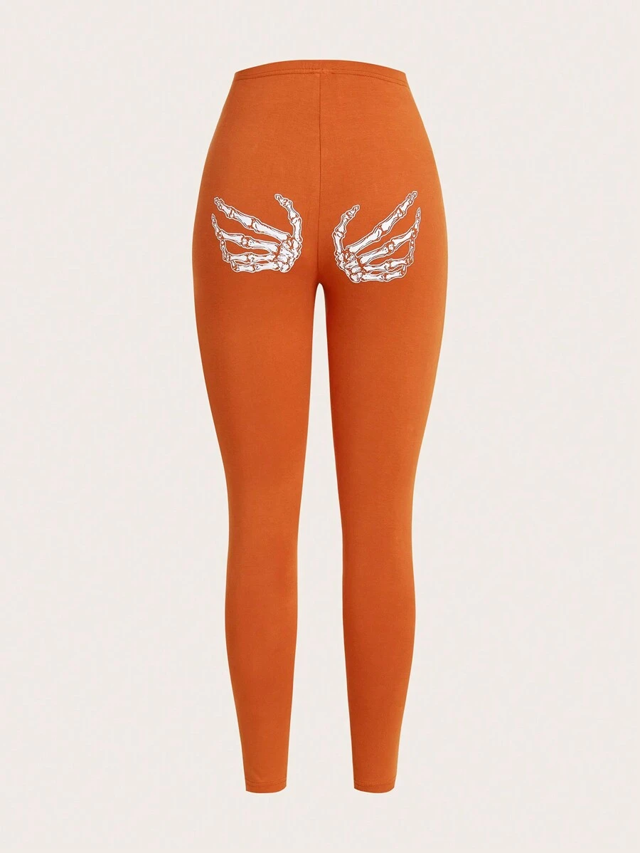 SHEIN EZwear Legging Squelette Imprimé Main Taille Haute - Camel - Voir 1