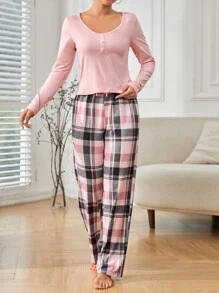 Plaid Print Knot Front Lounge Set - Multicolor - View 5