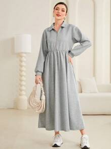 Mulvari 女款純色半拉鍊燈籠袖衛衣連身裙 - 灰色 - 查看 6