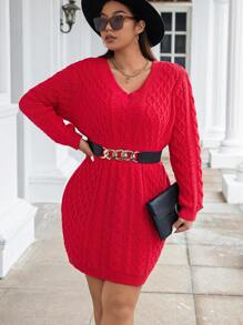 Calvaya Plus Cable Knit V Neck Sweater Dress Without Belt - Red - View 4