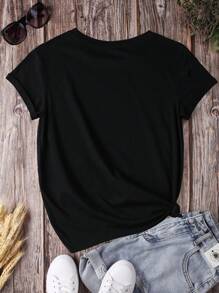 SHEIN EZwear Skeleton And Moon Print Tee - Black - View 2