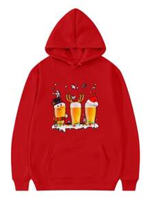 男士聖誕圖案袋鼠口袋抽繩保暖連帽衫 - 紅色 - 查看 1