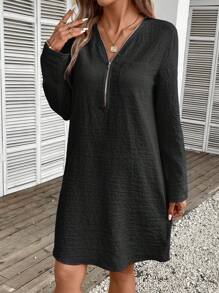 EMERY ROSE Roll Tab Sleeve Zip Half Placket Tunic Dress - Black - View 4