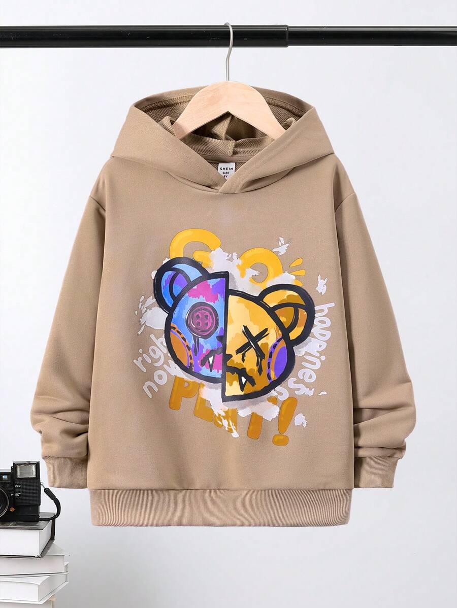 SHEIN Áo nỉ in chữ và hoạt hình dành cho bé trai tuổi teen - Màu Khaki - Xem 1