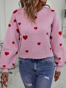 SHEIN Essnce 愛心圖案落肩袖套頭毛衣 - 粉色 - 查看 5