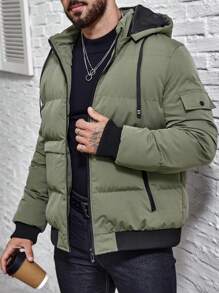 Manfinity Homme 宽松版型男士翻盖口袋抽绳连帽棉服时尚泡泡大衣，适合秋冬