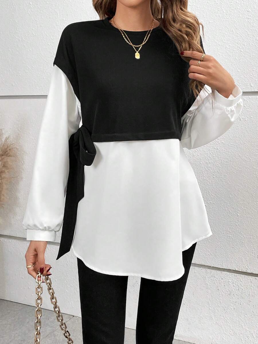 SHEIN Frenchy 雙色落肩袖側打結假兩件上衣 - 黑與白 - 查看 1