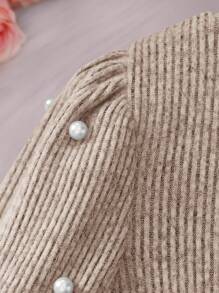 SHEIN Váy tay dài cổ tròn đính cườm màu trơn cho cô gái Tween - Màu Khaki - Xem 5