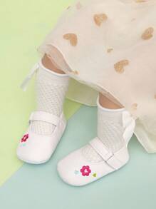 嬰兒/幼兒簡約刺繡扁平鞋，具有魔鬼氈封閉和哑光表面，白色 - 白色 - 查看 5
