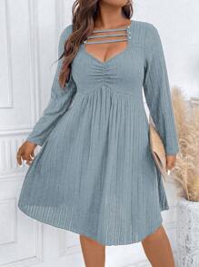 Celure Talla grande Vestido con abertura delantera pecho con fruncido - Celeste - Ver 1