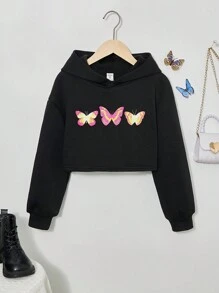 SHEIN Tween Girl Butterfly Print Crop Hooded Sweatshirt - Black - View 1