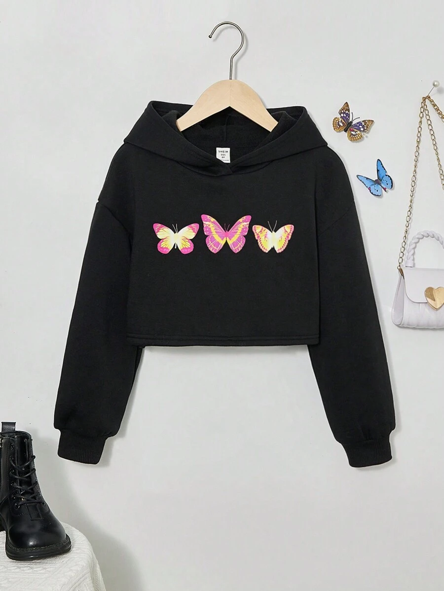 SHEIN Tween Girl Butterfly Print Crop Hooded Sweatshirt - Black - View 1