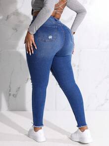SHEIN EZwear Talla grande Jeans ajustados desgarro ribete sin dobladillo - Azul lavado medio - Ver 2