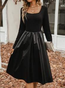 Chiquease Solid Scoop Neck PU Dress - Black - View 3